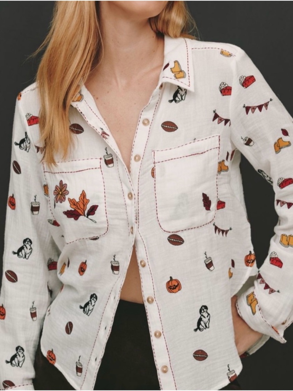 Anthropologie Pilcro Fall Theme Long Sleeve Button Up Top